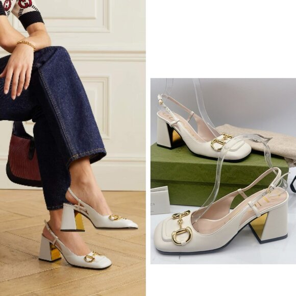 Gucci GG Slingback Horsebit Pumps Chunk Heel Mystic White Leather EU 39.5 US 9.5 - Picture 1 of 9